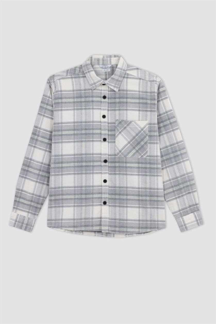 Erkek Açık Gri Regular Fıt Kareli Fitilli Kadife Uzun Kollu Gömlek