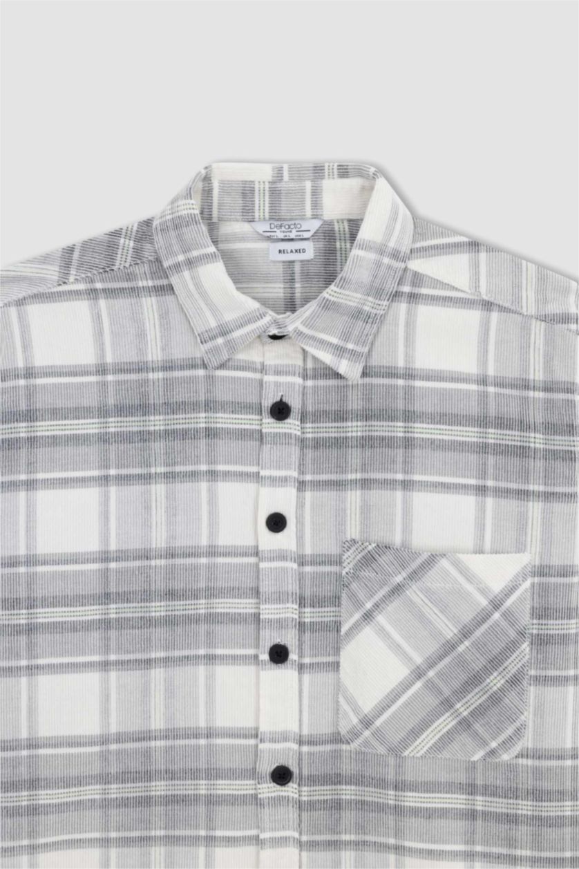 Erkek Açık Gri Regular Fıt Kareli Fitilli Kadife Uzun Kollu Gömlek