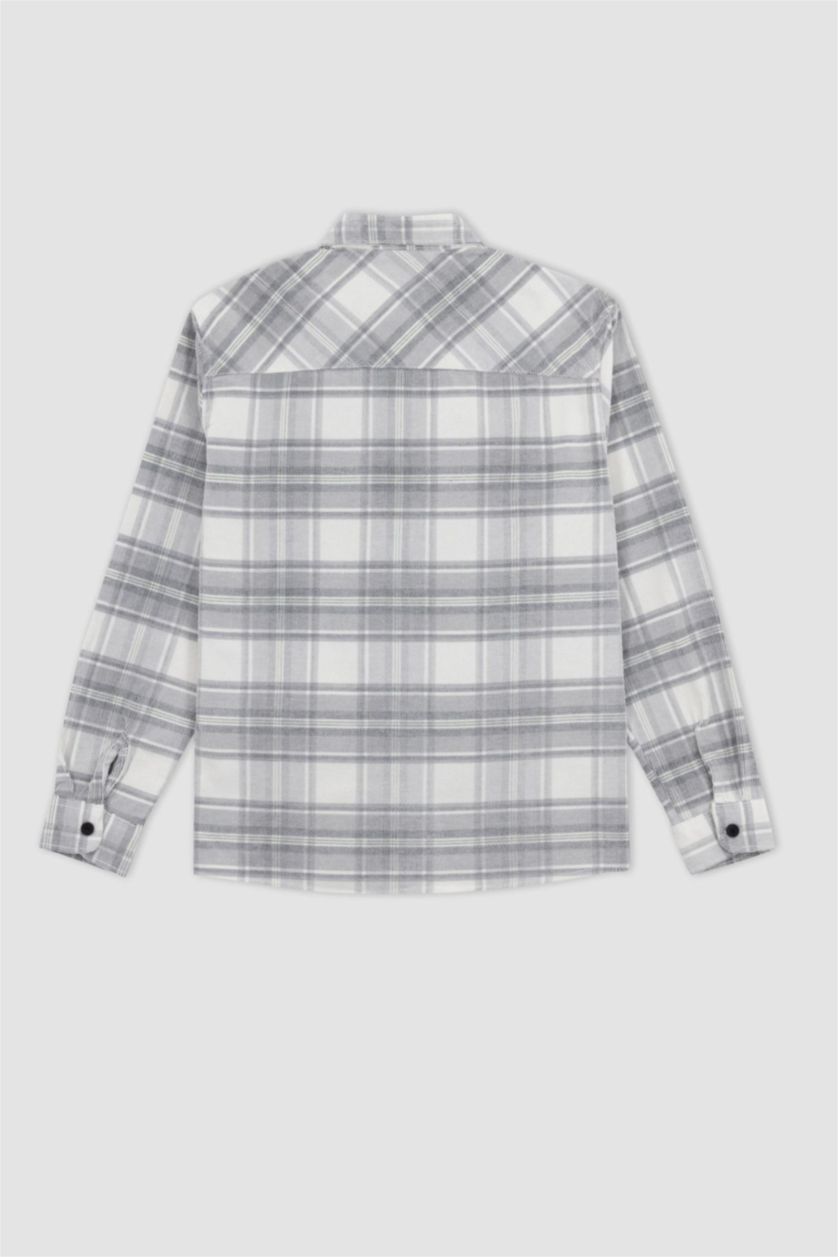 Erkek Açık Gri Regular Fıt Kareli Fitilli Kadife Uzun Kollu Gömlek