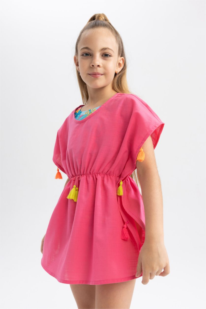 Kız Çocuk - Genç Kız Koyu Pembe Kız Çocuk Püsküllü Plaj Kaftan