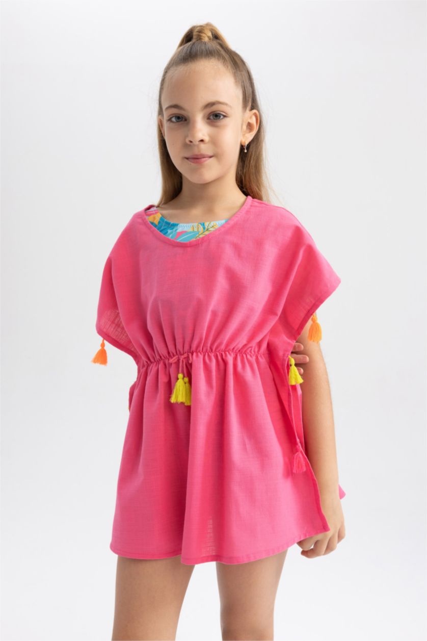 Kız Çocuk - Genç Kız Koyu Pembe Kız Çocuk Püsküllü Plaj Kaftan