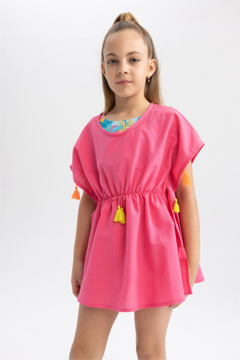 Kız Çocuk - Genç Kız Koyu Pembe Kız Çocuk Püsküllü Plaj Kaftan