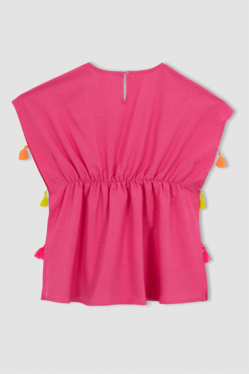 Kız Çocuk - Genç Kız Koyu Pembe Kız Çocuk Püsküllü Plaj Kaftan
