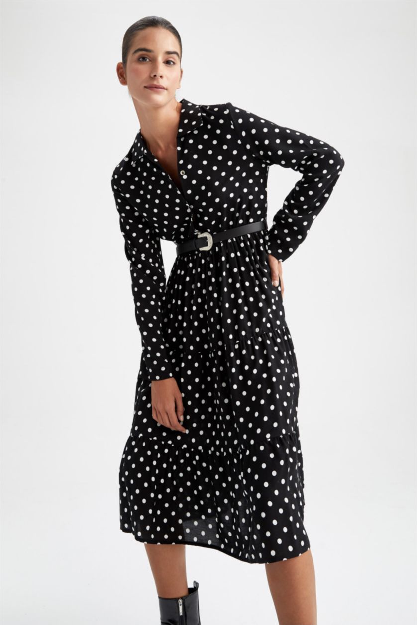 نساء أسود فستان ميدي مطبوع بياقة قميص وأكمام طويلة