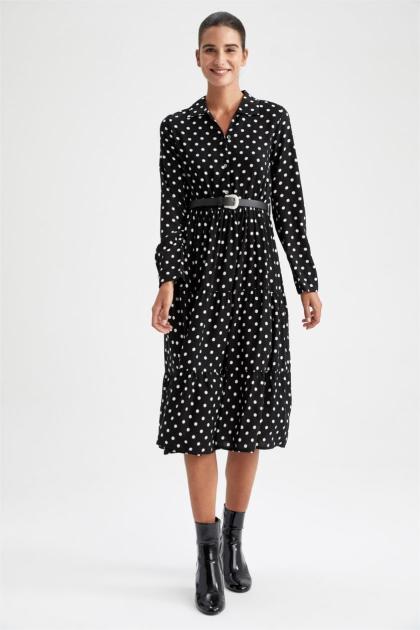 نساء أسود فستان ميدي مطبوع بياقة قميص وأكمام طويلة