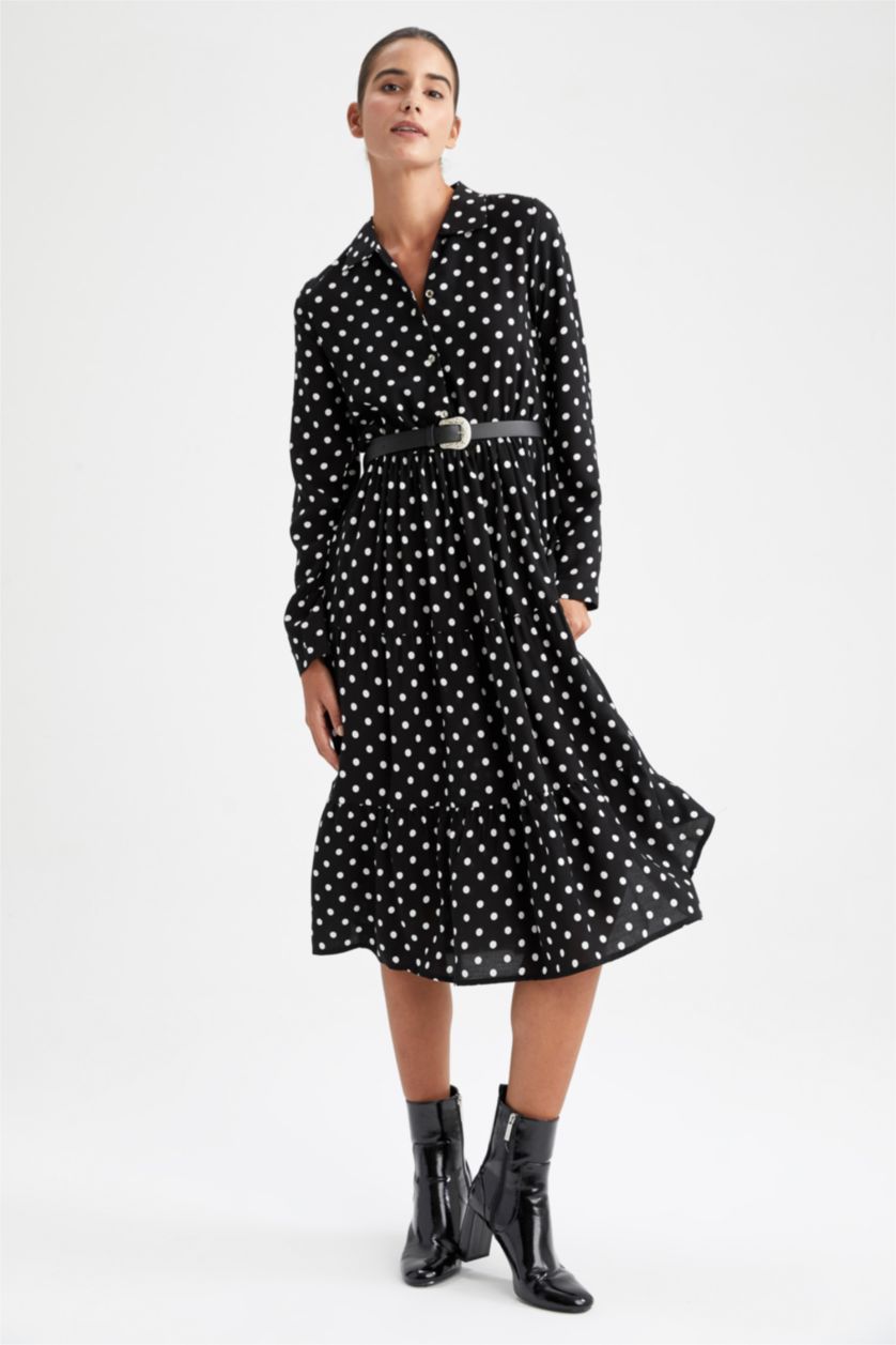 نساء أسود فستان ميدي مطبوع بياقة قميص وأكمام طويلة