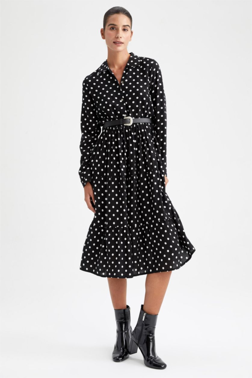 نساء أسود فستان ميدي مطبوع بياقة قميص وأكمام طويلة