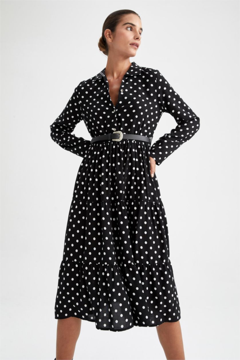 نساء أسود فستان ميدي مطبوع بياقة قميص وأكمام طويلة