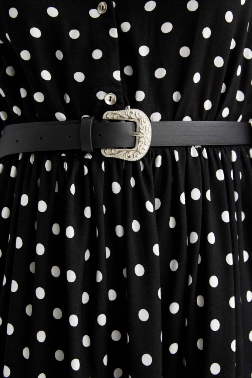 نساء أسود فستان ميدي مطبوع بياقة قميص وأكمام طويلة