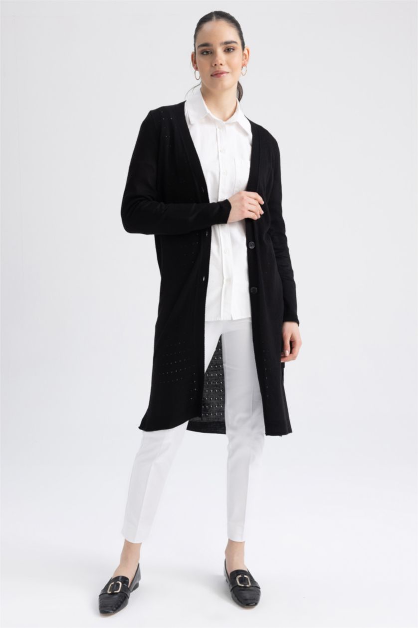 حريمي أسود كارديجان تريكو قصة عادية وياقة V