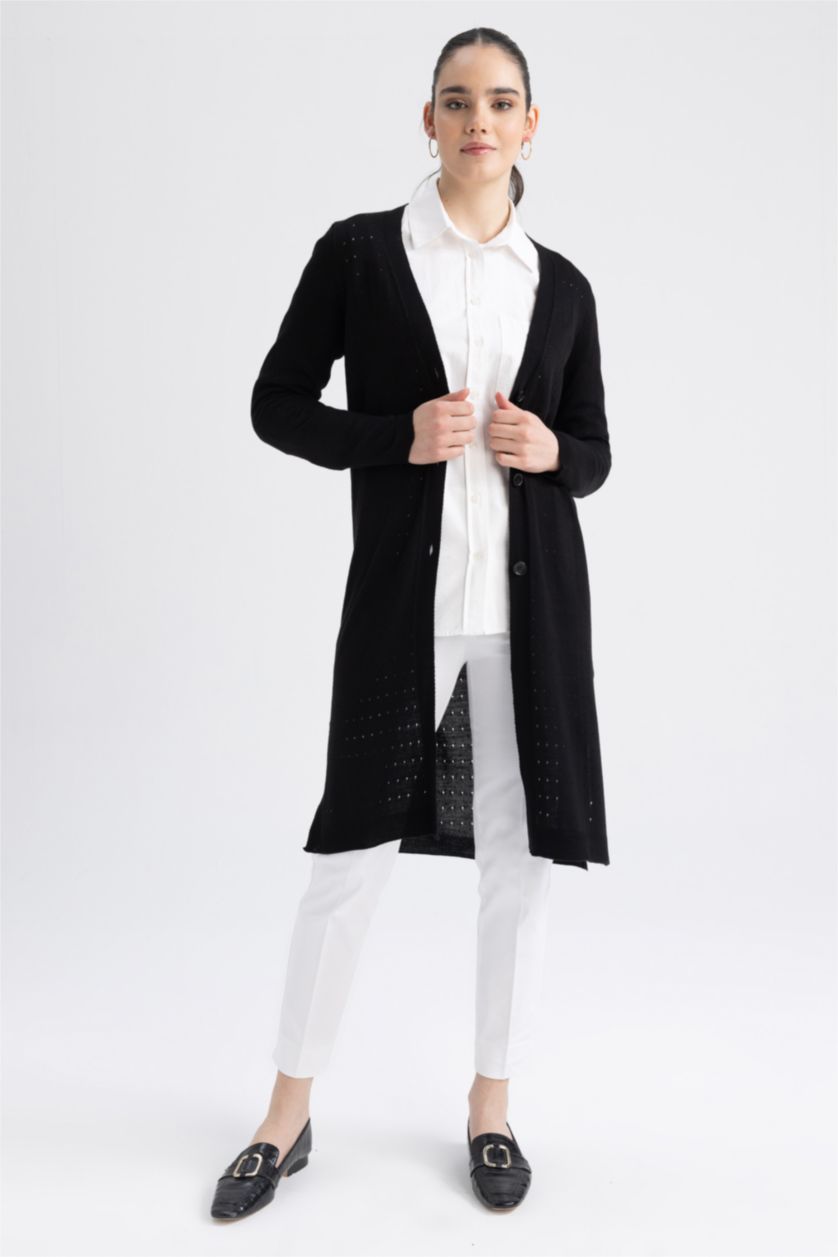 حريمي أسود كارديجان تريكو قصة عادية وياقة V