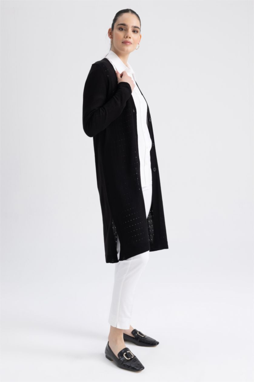 حريمي أسود كارديجان تريكو قصة عادية وياقة V