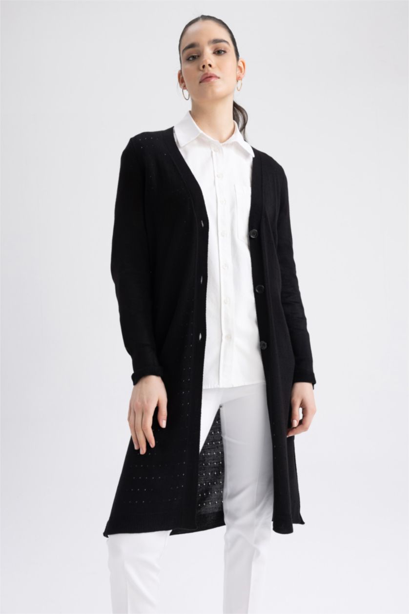 حريمي أسود كارديجان تريكو قصة عادية وياقة V