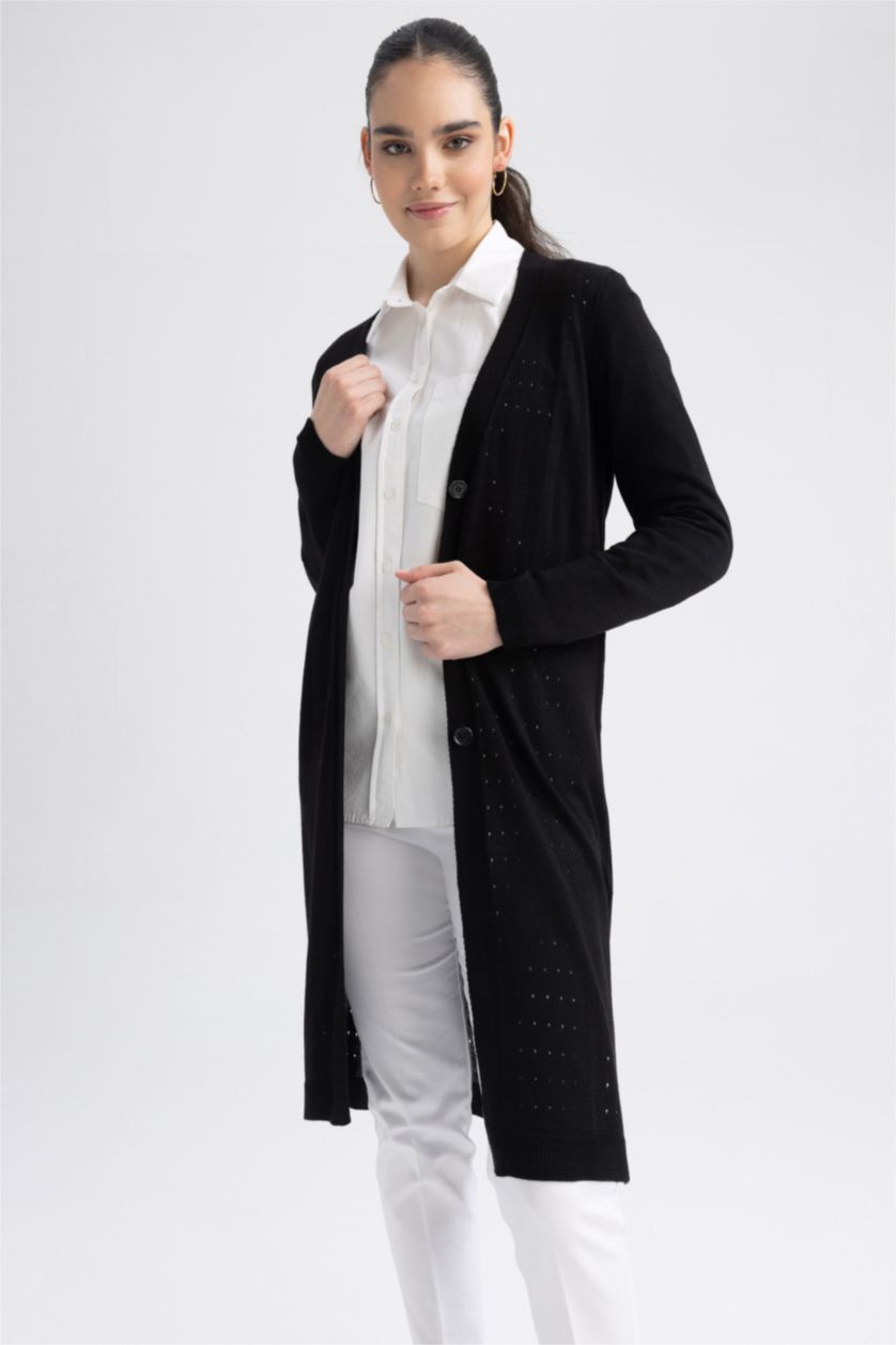 حريمي أسود كارديجان تريكو قصة عادية وياقة V