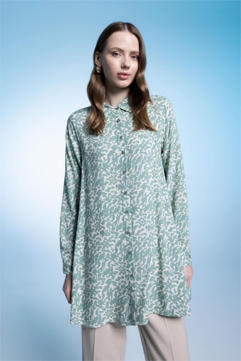 FEMME Bleu Tunique À Manches Longues Coupe Régulière Imprimé Col De Chemise