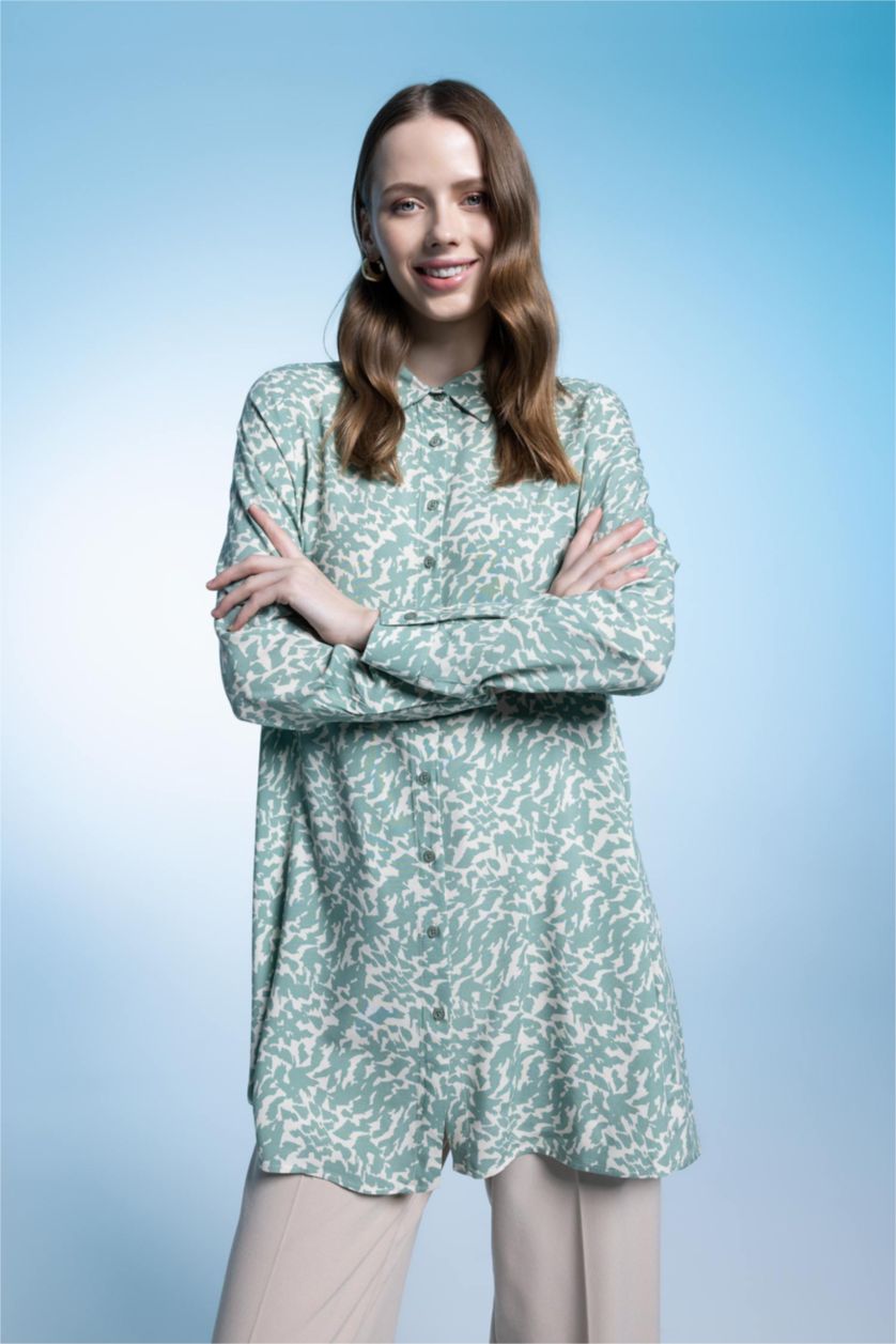 FEMME Bleu Tunique À Manches Longues Coupe Régulière Imprimé Col De Chemise