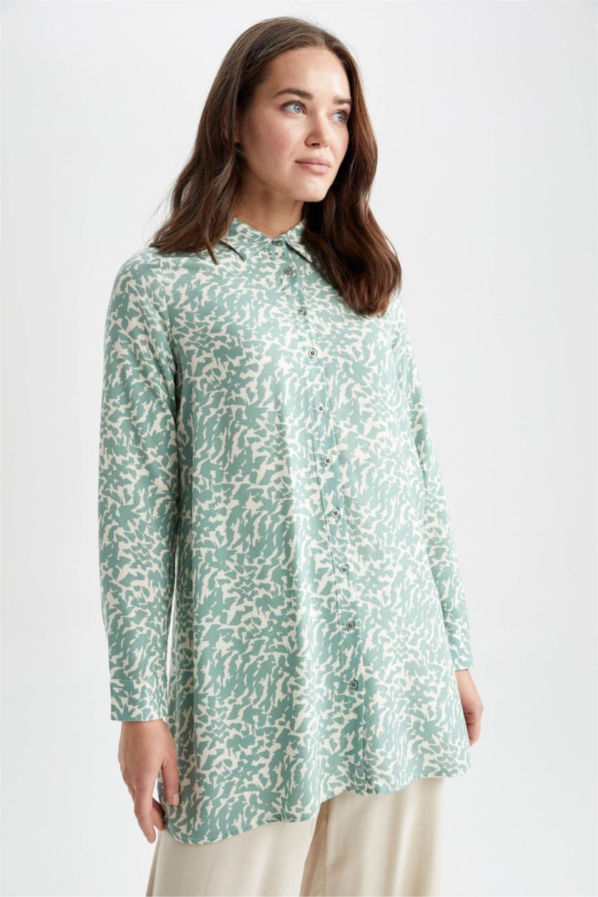 FEMME Bleu Tunique À Manches Longues Coupe Régulière Imprimé Col De Chemise