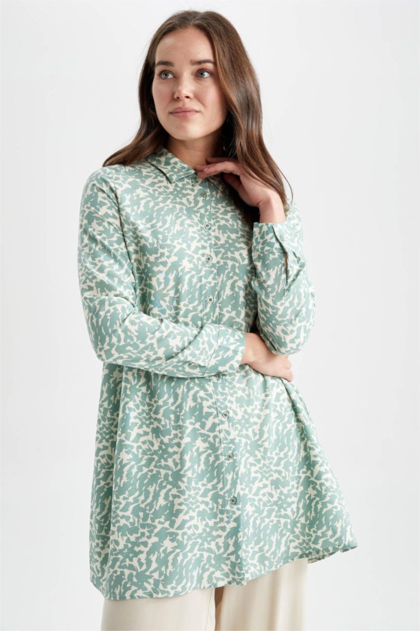 FEMME Bleu Tunique À Manches Longues Coupe Régulière Imprimé Col De Chemise