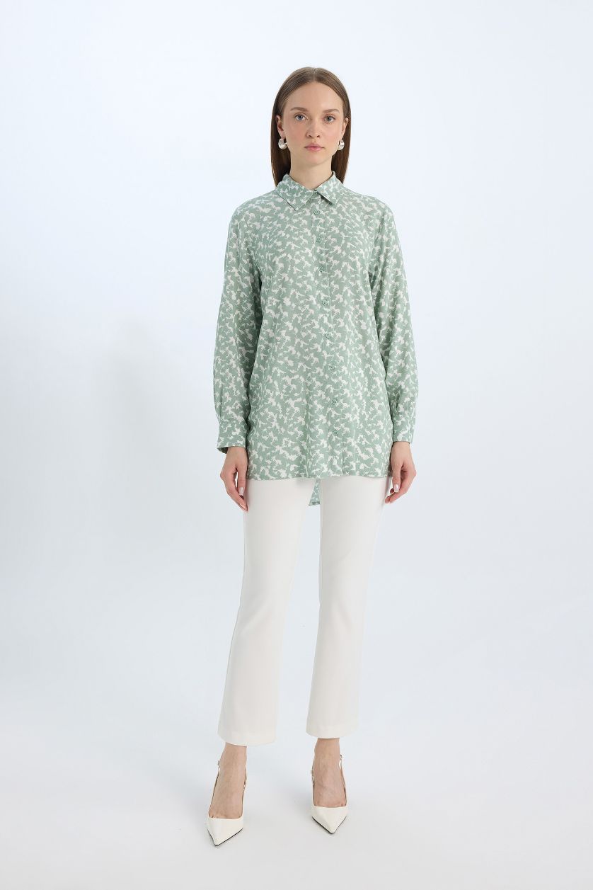 Woman Light Green Regular Fit Shirt Collar Animal Long Sleeve Tunic