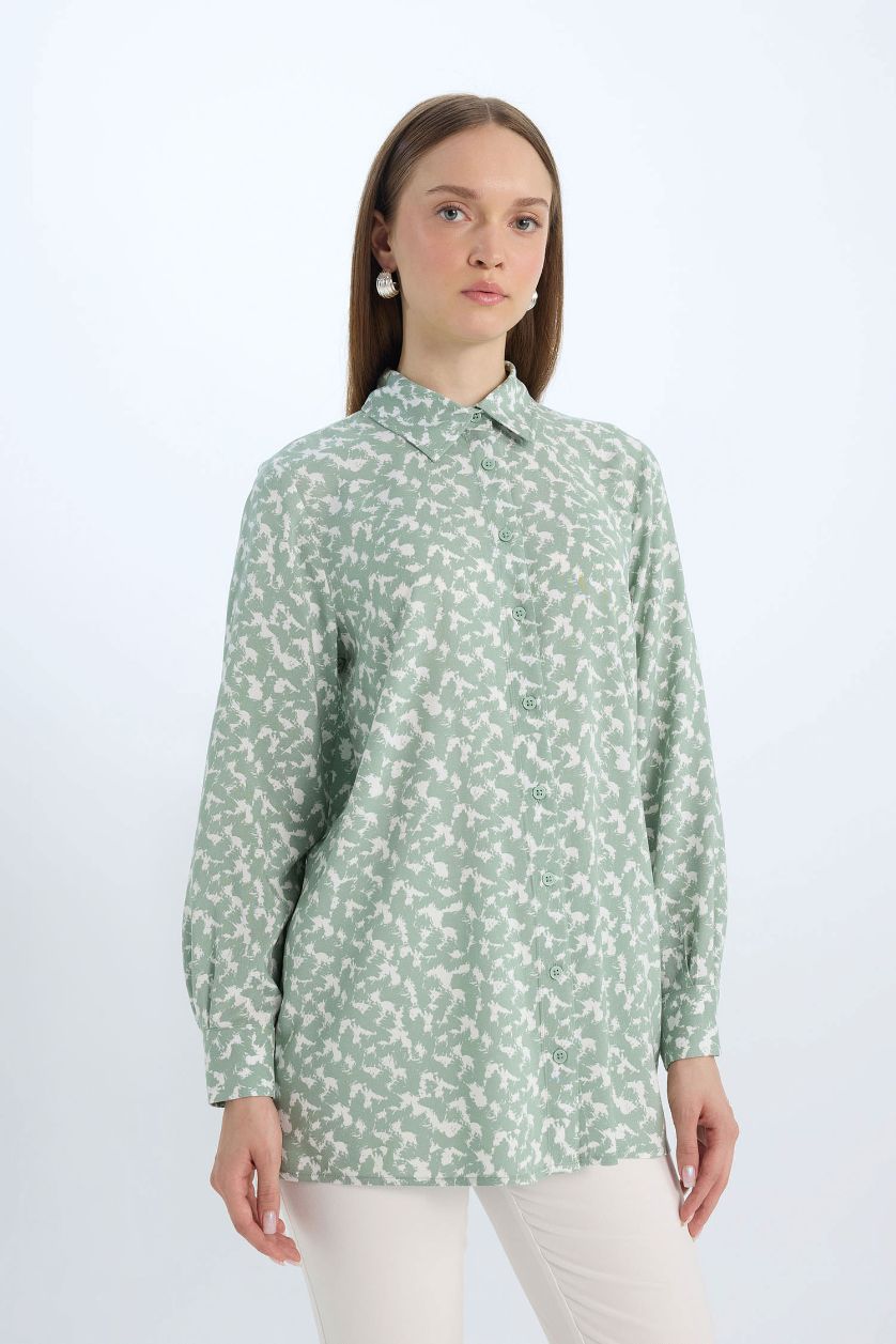 Woman Light Green Regular Fit Shirt Collar Animal Long Sleeve Tunic