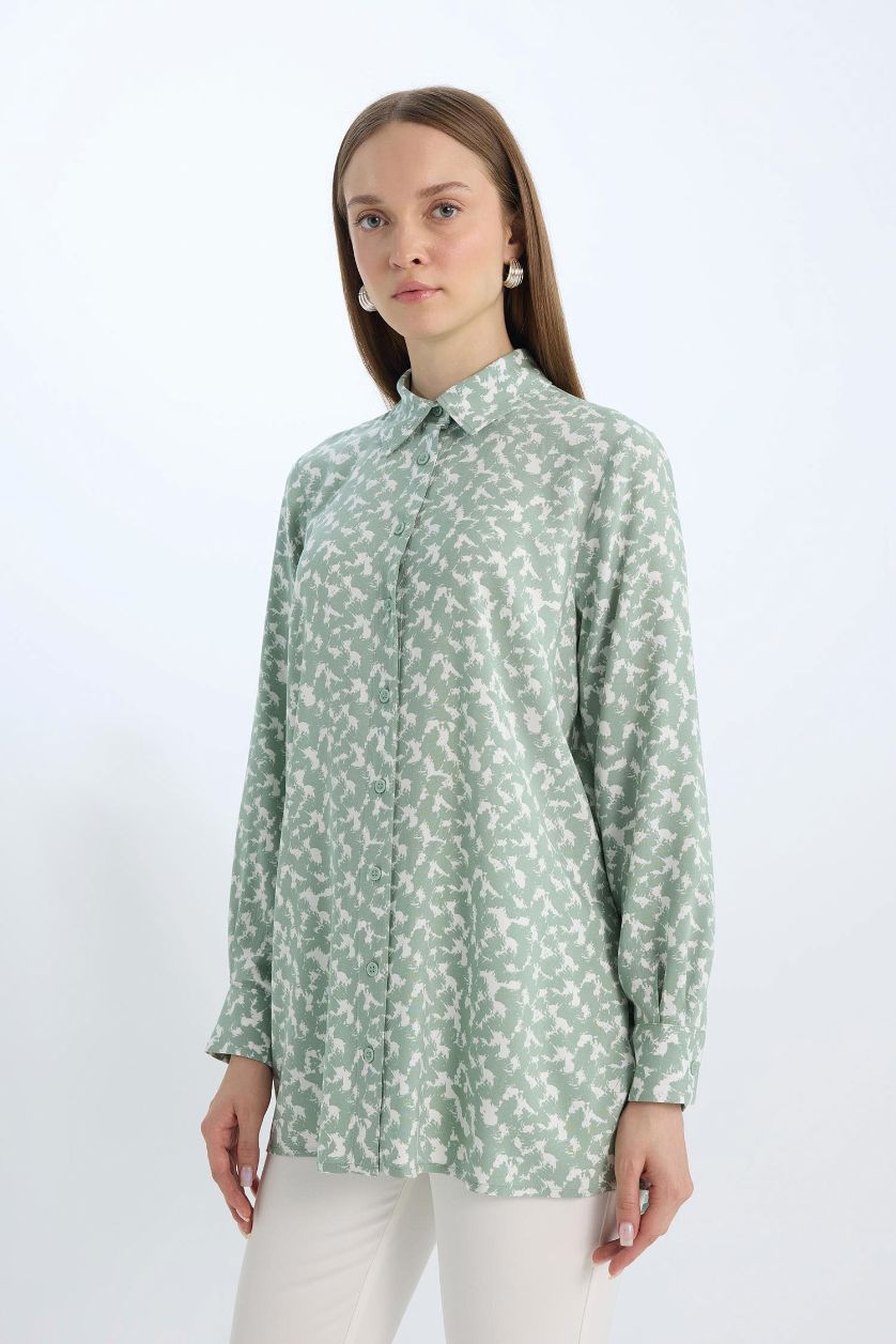 Woman Light Green Regular Fit Shirt Collar Animal Long Sleeve Tunic