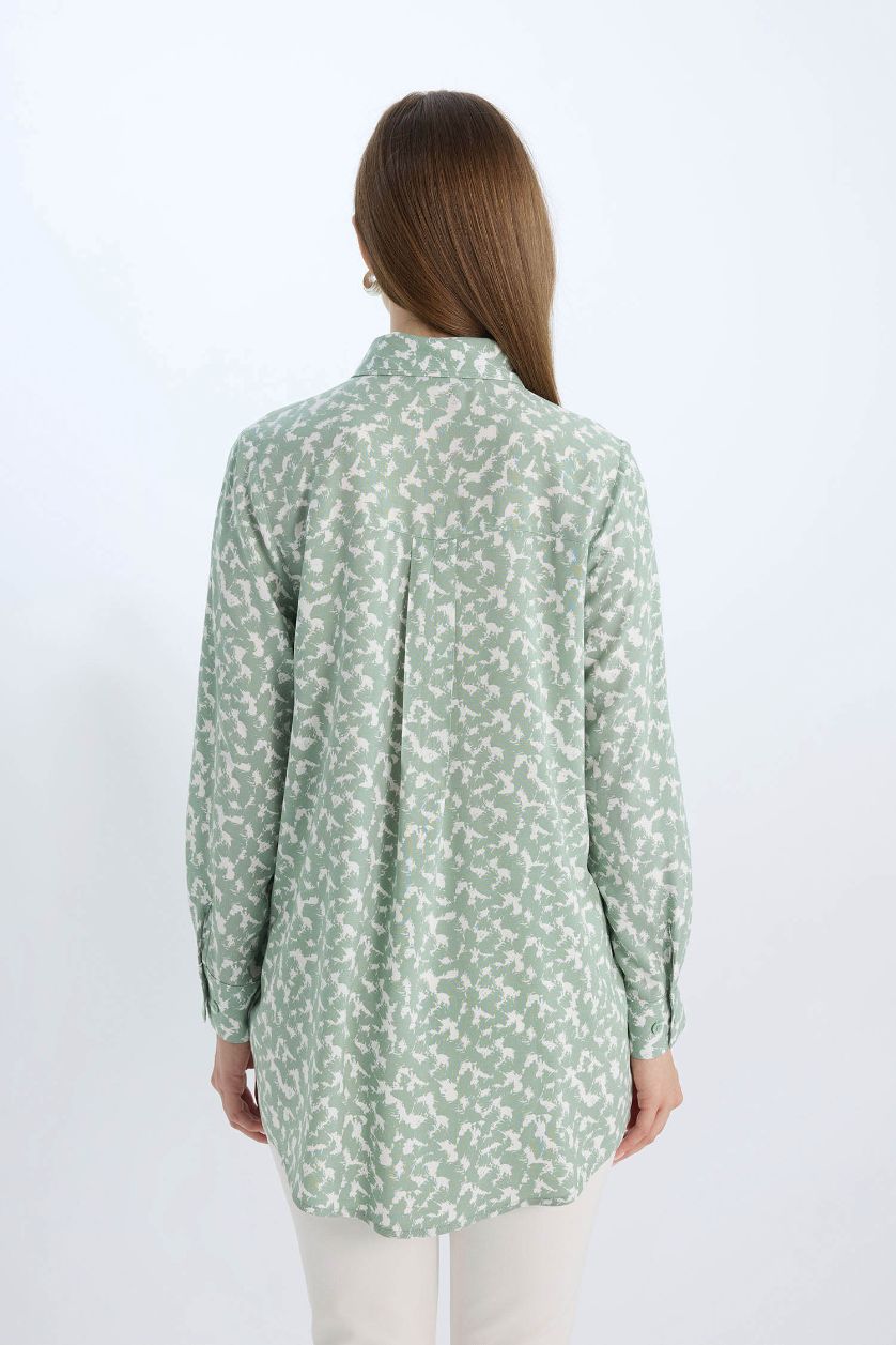 Woman Light Green Regular Fit Shirt Collar Animal Long Sleeve Tunic