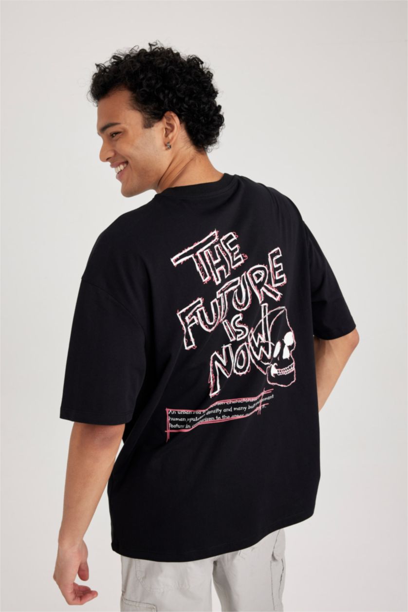 رجال أسود تي شيرت مطبوع اوفر سايز بياقة مستديرة