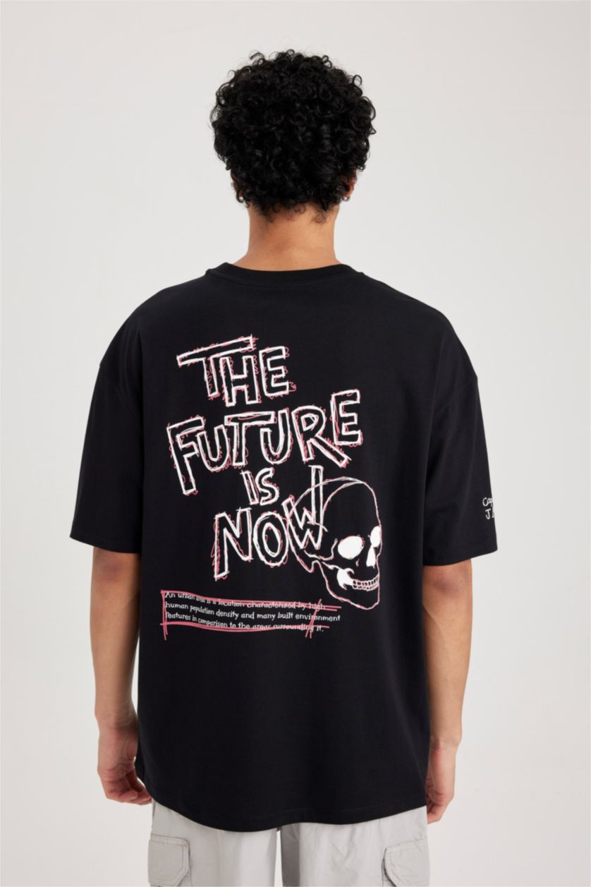 رجال أسود تي شيرت مطبوع اوفر سايز بياقة مستديرة