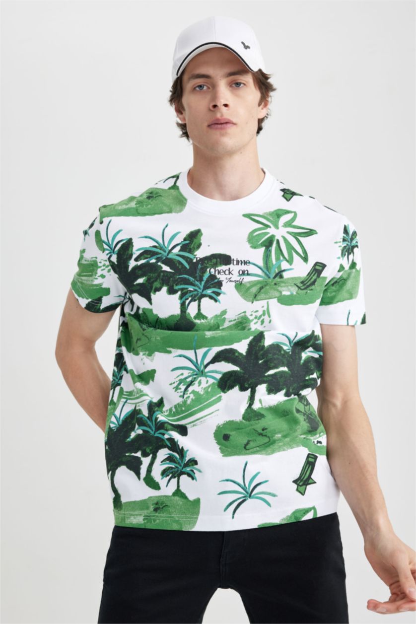 رجالي أبيض تي شيرت قطن منقوش بقصة عادية