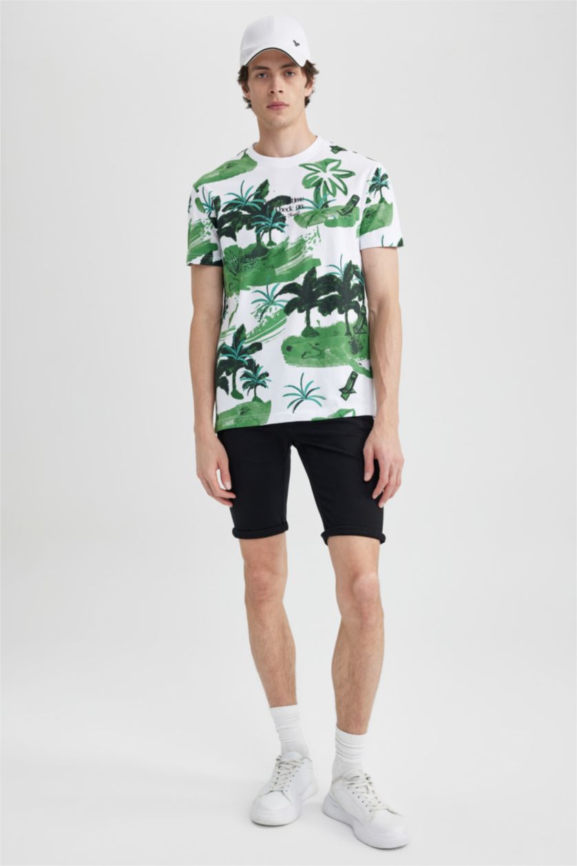 رجالي أبيض تي شيرت قطن منقوش بقصة عادية