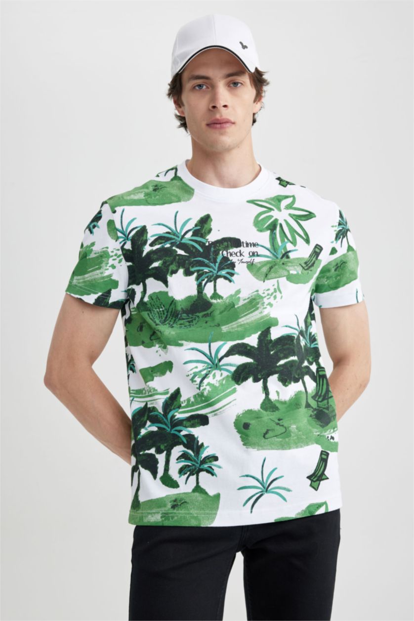 رجالي أبيض تي شيرت قطن منقوش بقصة عادية