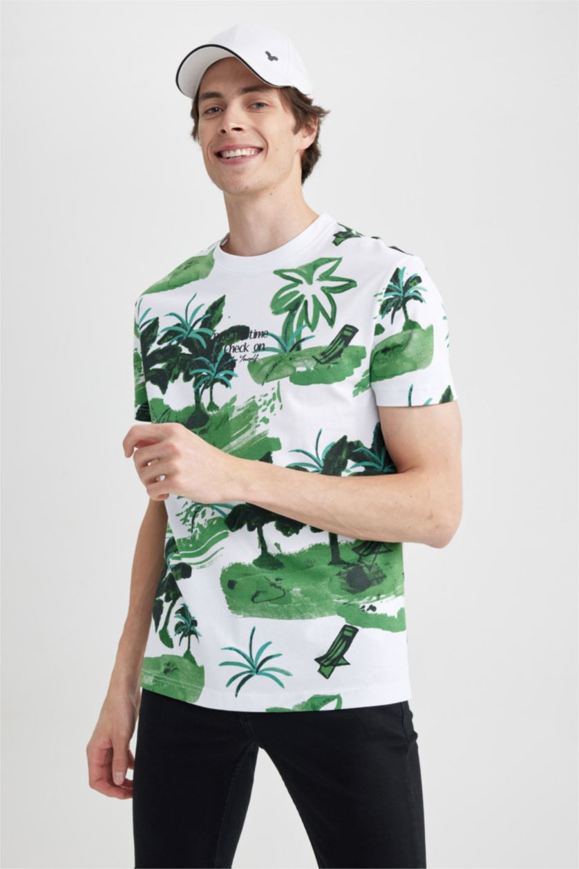 رجالي أبيض تي شيرت قطن منقوش بقصة عادية