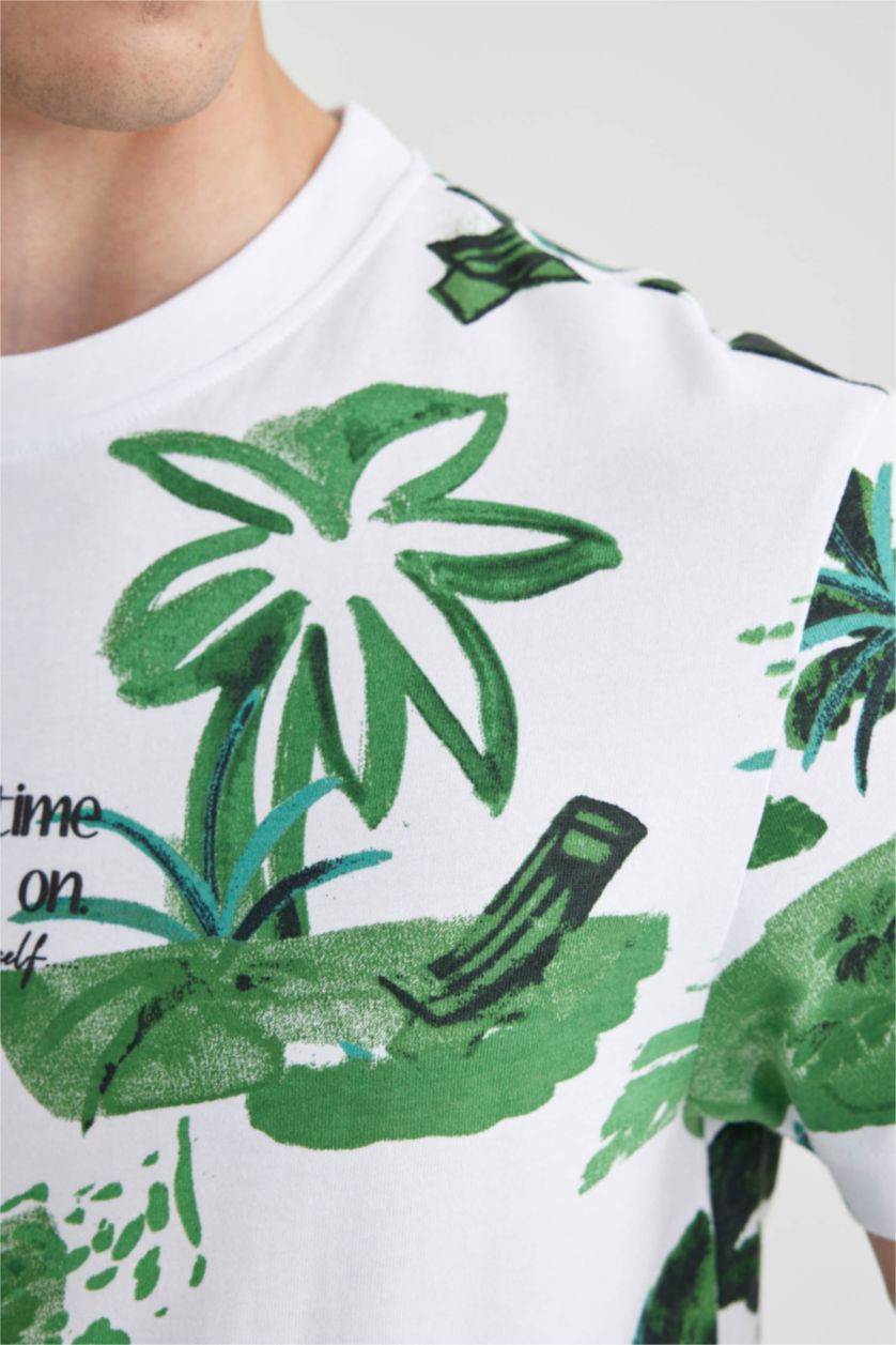 رجالي أبيض تي شيرت قطن منقوش بقصة عادية