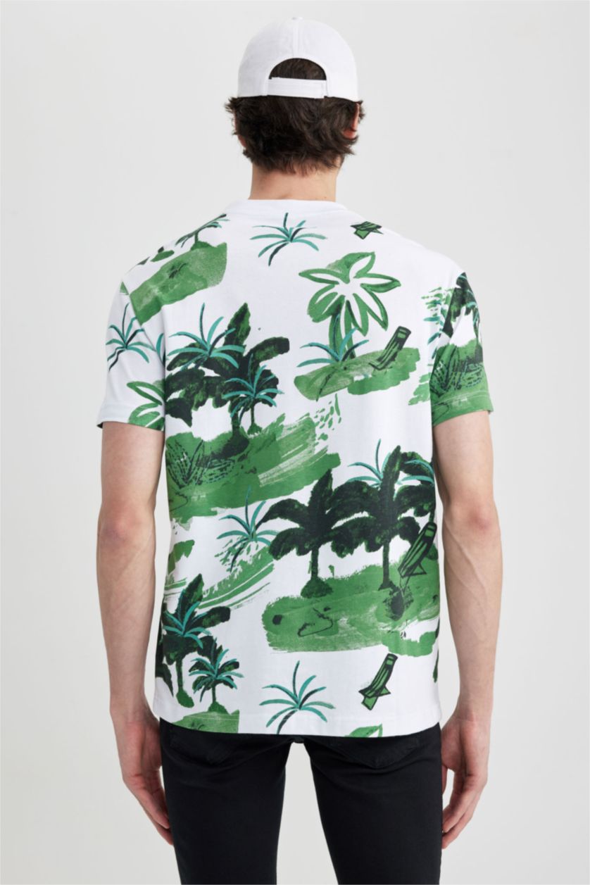 رجالي أبيض تي شيرت قطن منقوش بقصة عادية