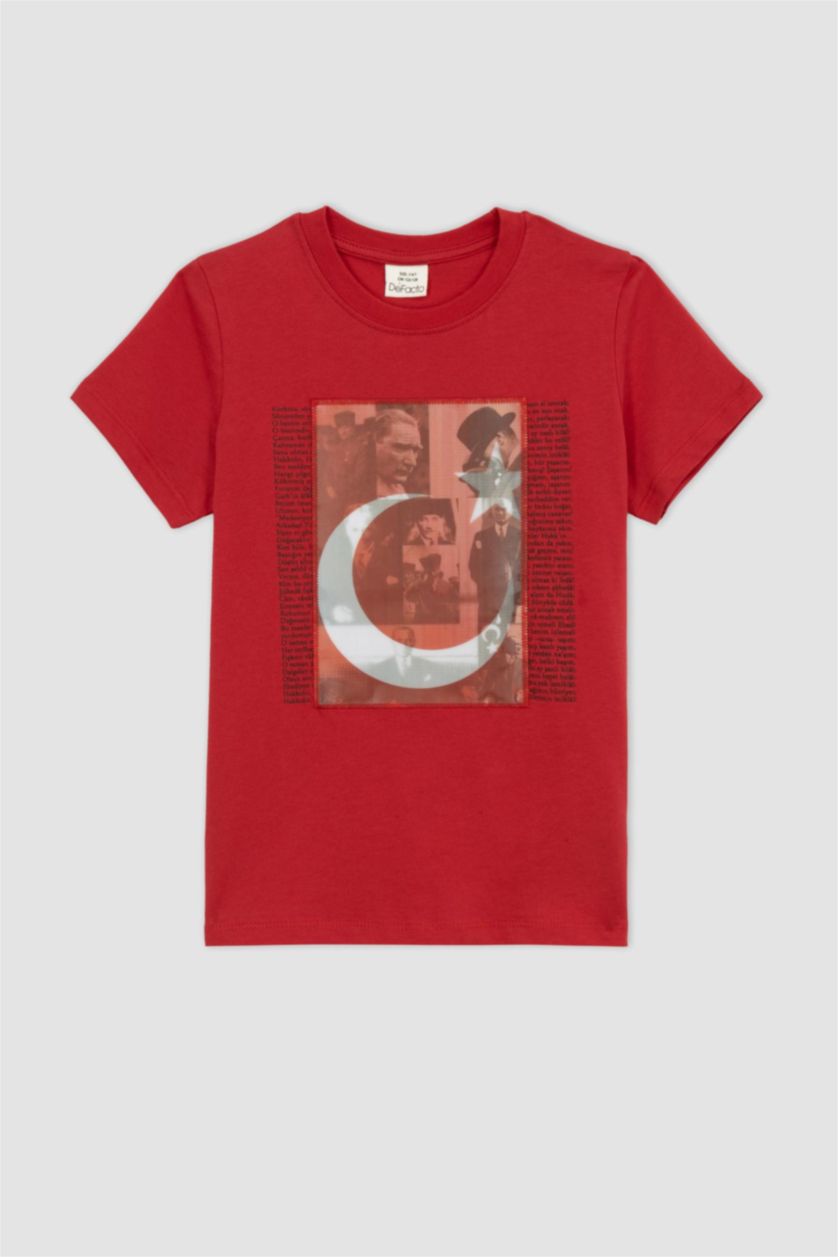 Erkek Çocuk - Genç Erkek Kırmızı Erkek Çocuk Bayrak Baskılı Kısa Kollu Kırmızı Tişört