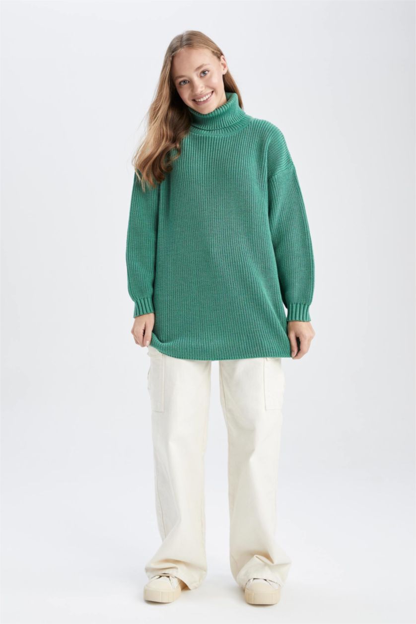 WOMAN Green Oversize Fit Turtleneck Pullover