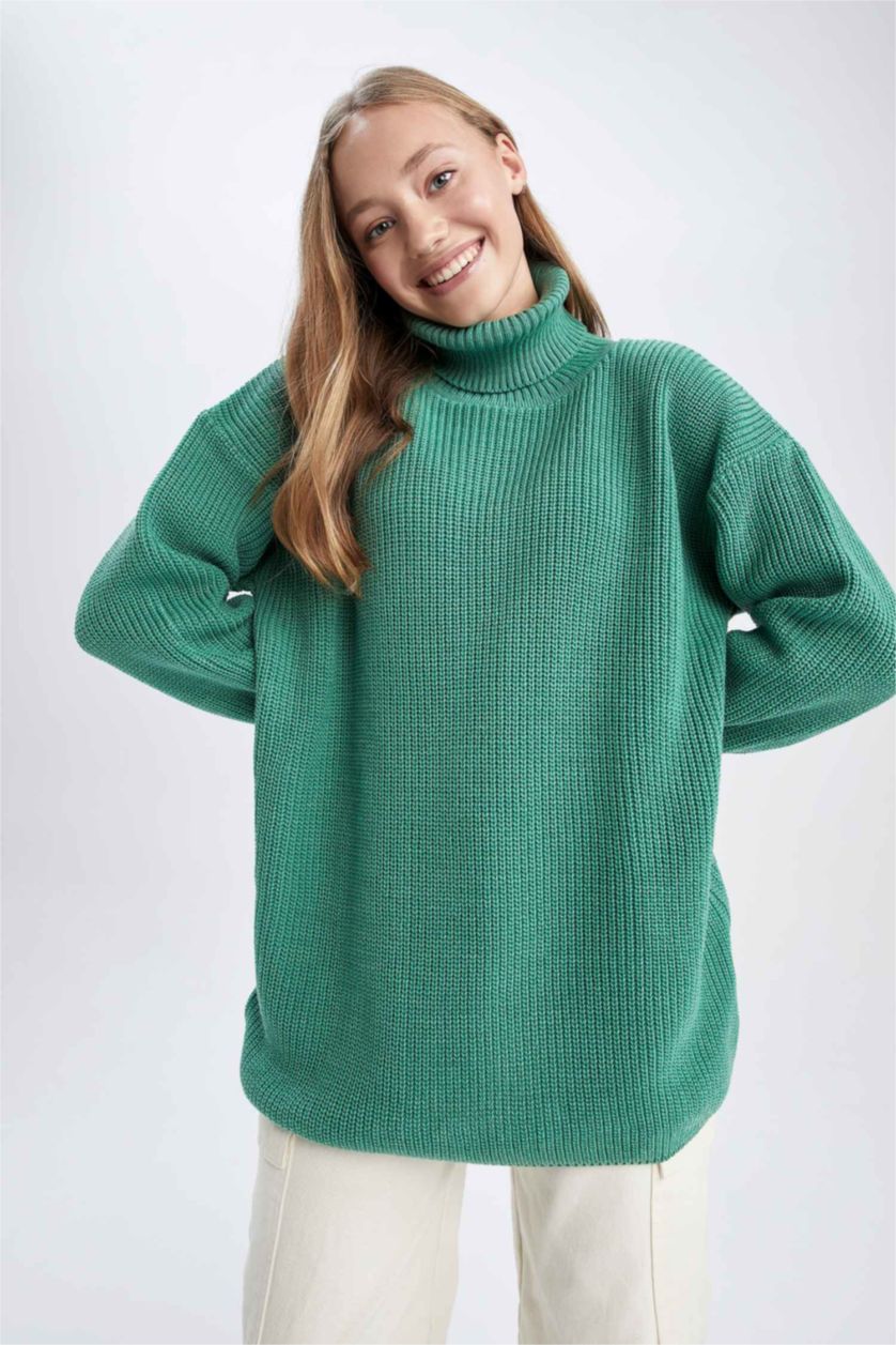 WOMAN Green Oversize Fit Turtleneck Pullover
