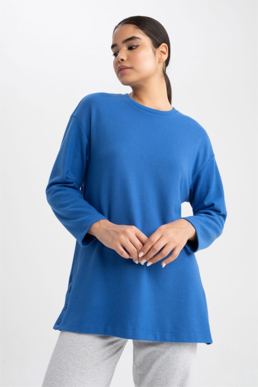 WOMAN Blue Relax Fit Thessaloniki Fabric Crew Neck Long Sleeve Tunic