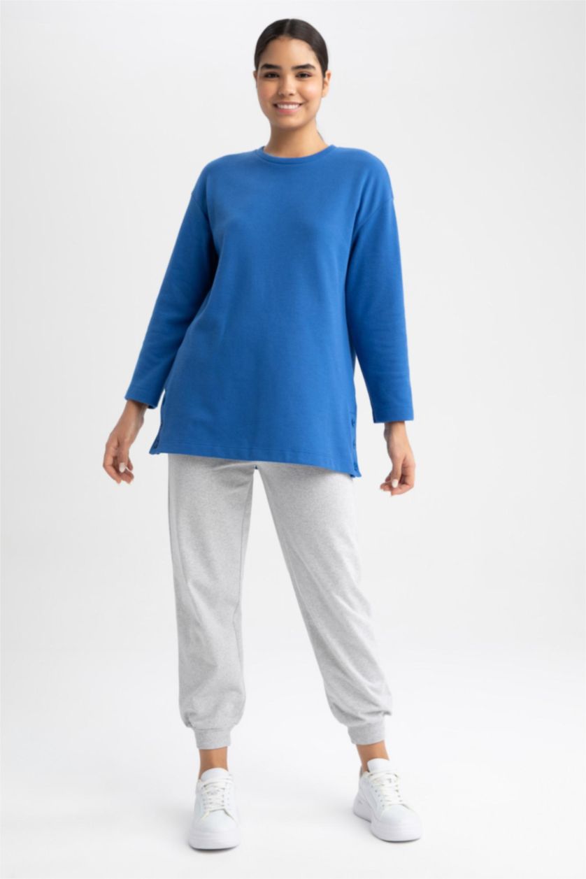 WOMAN Blue Relax Fit Thessaloniki Fabric Crew Neck Long Sleeve Tunic