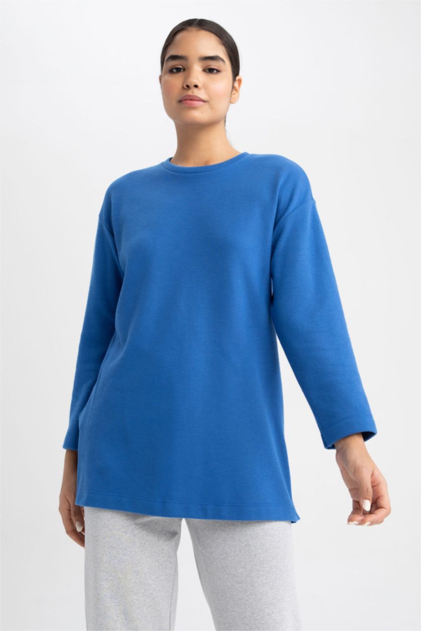 WOMAN Blue Relax Fit Thessaloniki Fabric Crew Neck Long Sleeve Tunic