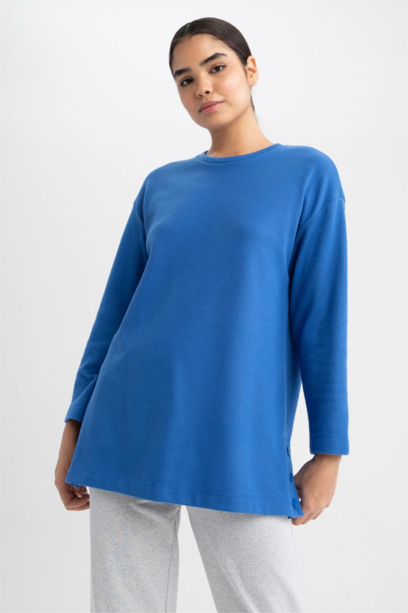 WOMAN Blue Relax Fit Thessaloniki Fabric Crew Neck Long Sleeve Tunic