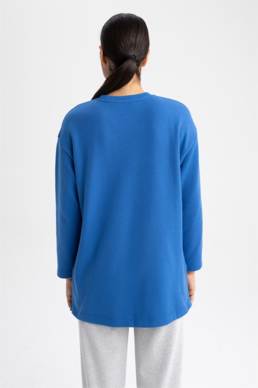 WOMAN Blue Relax Fit Thessaloniki Fabric Crew Neck Long Sleeve Tunic