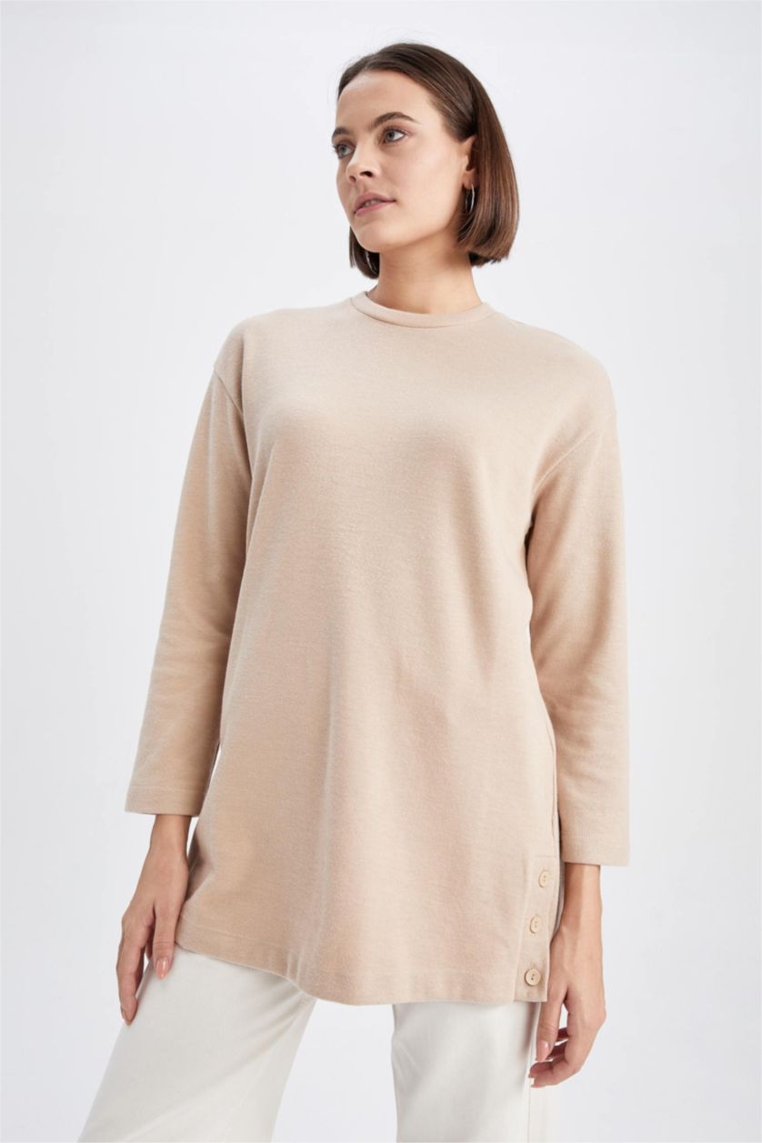 WOMAN Beige Relax Fit Thessaloniki Fabric Crew Neck Long Sleeve Tunic