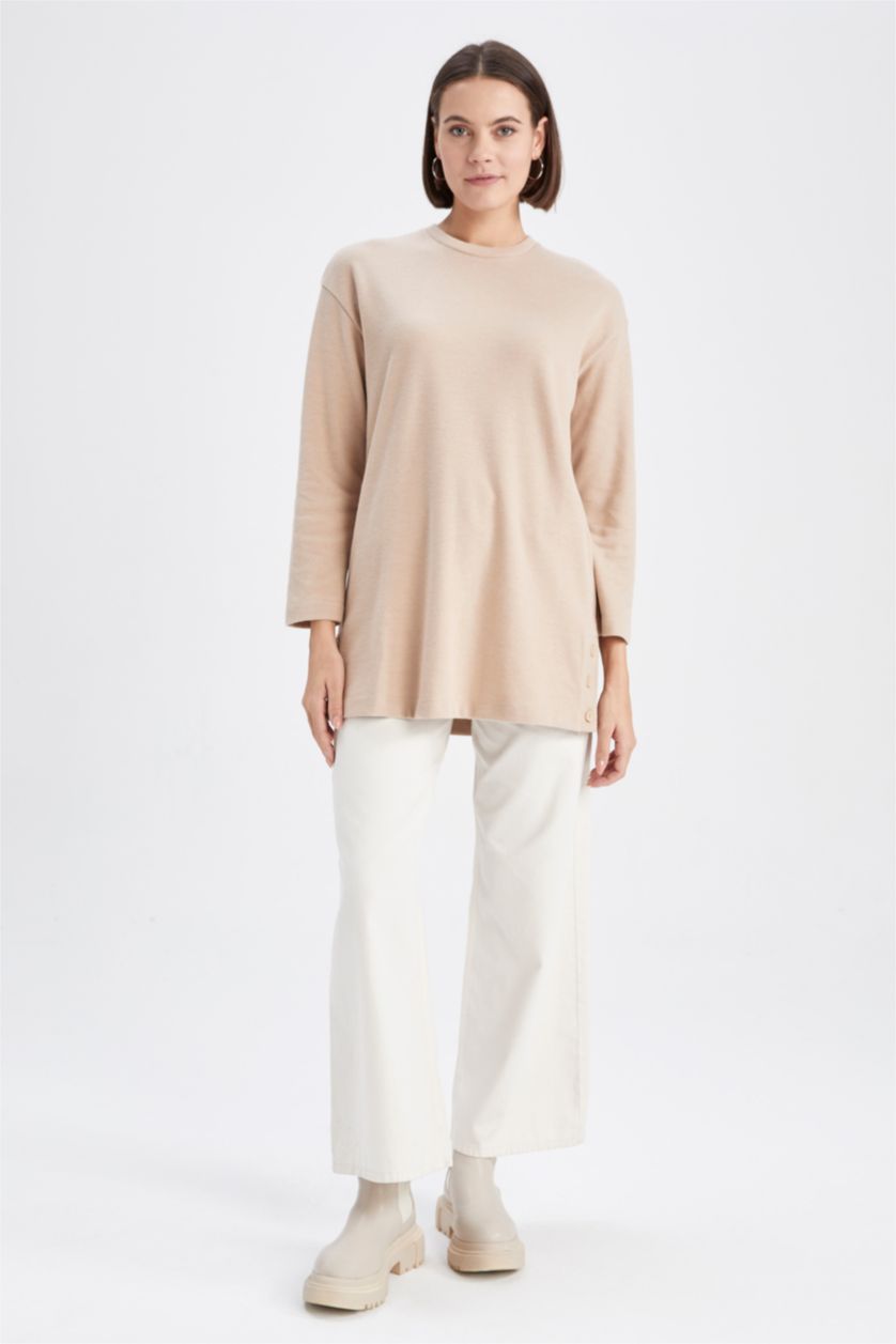 WOMAN Beige Relax Fit Thessaloniki Fabric Crew Neck Long Sleeve Tunic