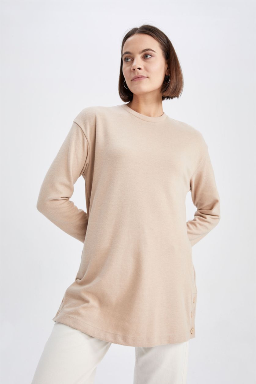 WOMAN Beige Relax Fit Thessaloniki Fabric Crew Neck Long Sleeve Tunic