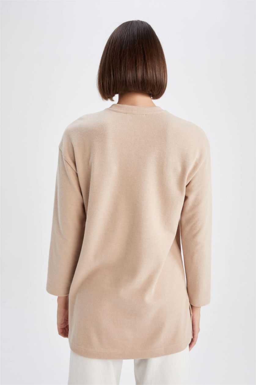 WOMAN Beige Relax Fit Thessaloniki Fabric Crew Neck Long Sleeve Tunic