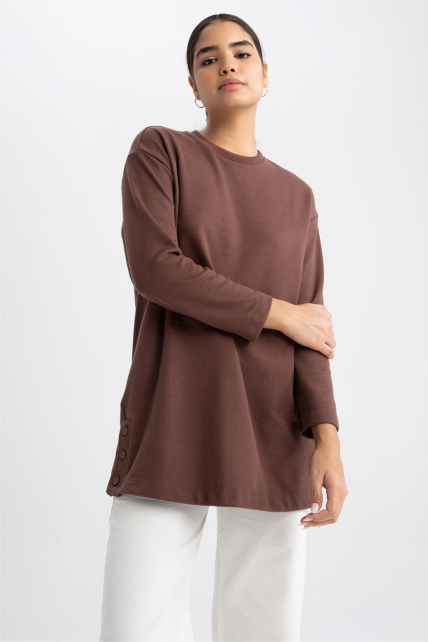 WOMAN Brown Relax Fit Thessaloniki Fabric Crew Neck Long Sleeve Tunic