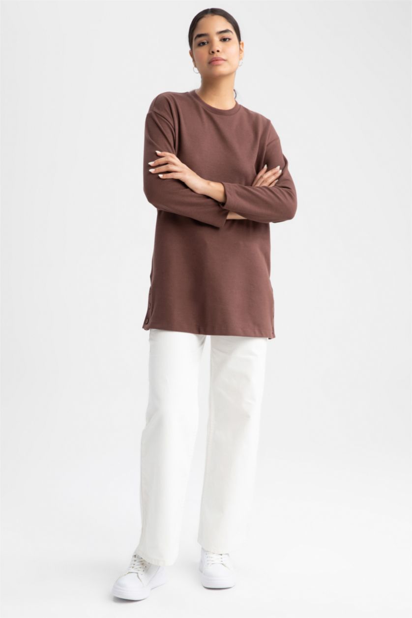 WOMAN Brown Relax Fit Thessaloniki Fabric Crew Neck Long Sleeve Tunic
