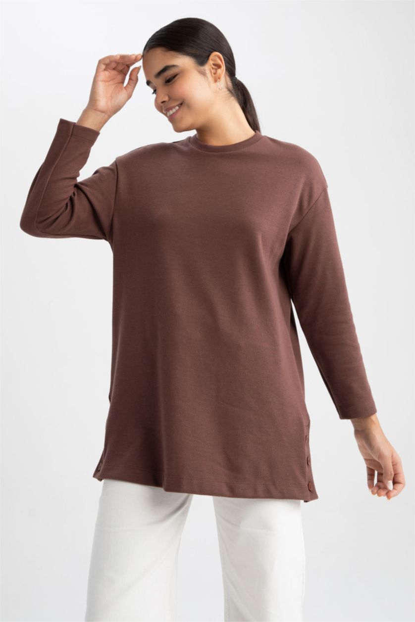 WOMAN Brown Relax Fit Thessaloniki Fabric Crew Neck Long Sleeve Tunic