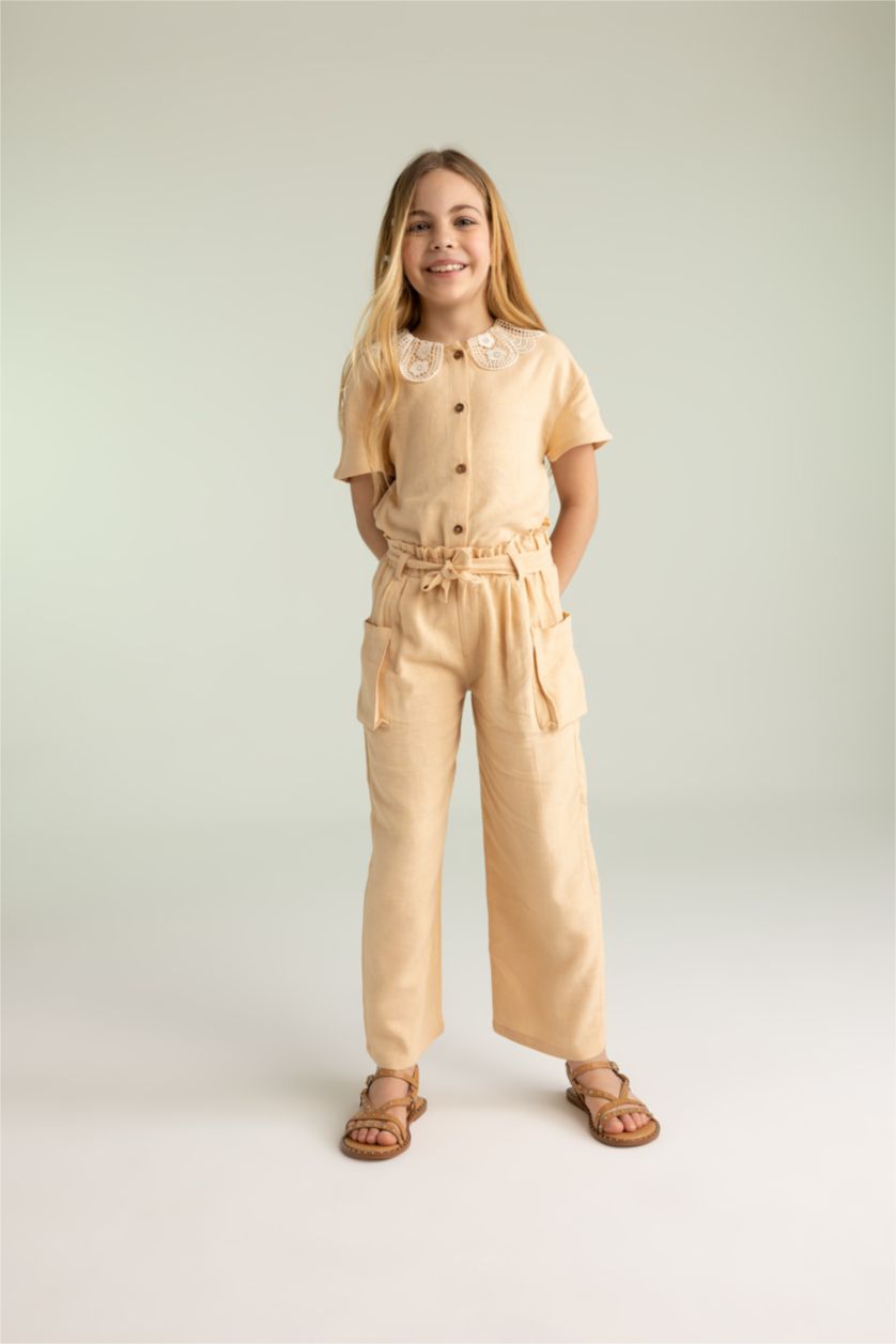 FILLES Beige Pantalon Lin Mélangé Jambes larges